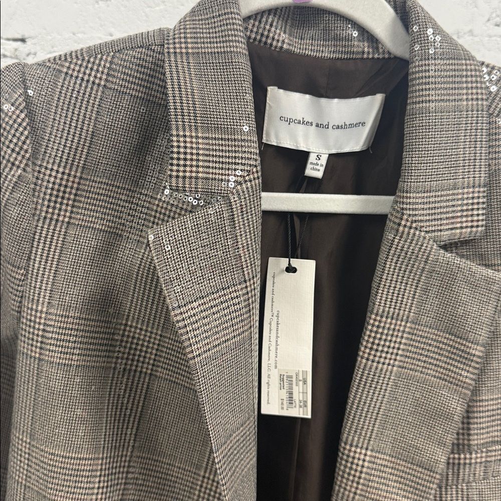 cupcakes & cashmere Brown Plaid Sequin Blazer - NWT Size Small - Picture 2 of 5